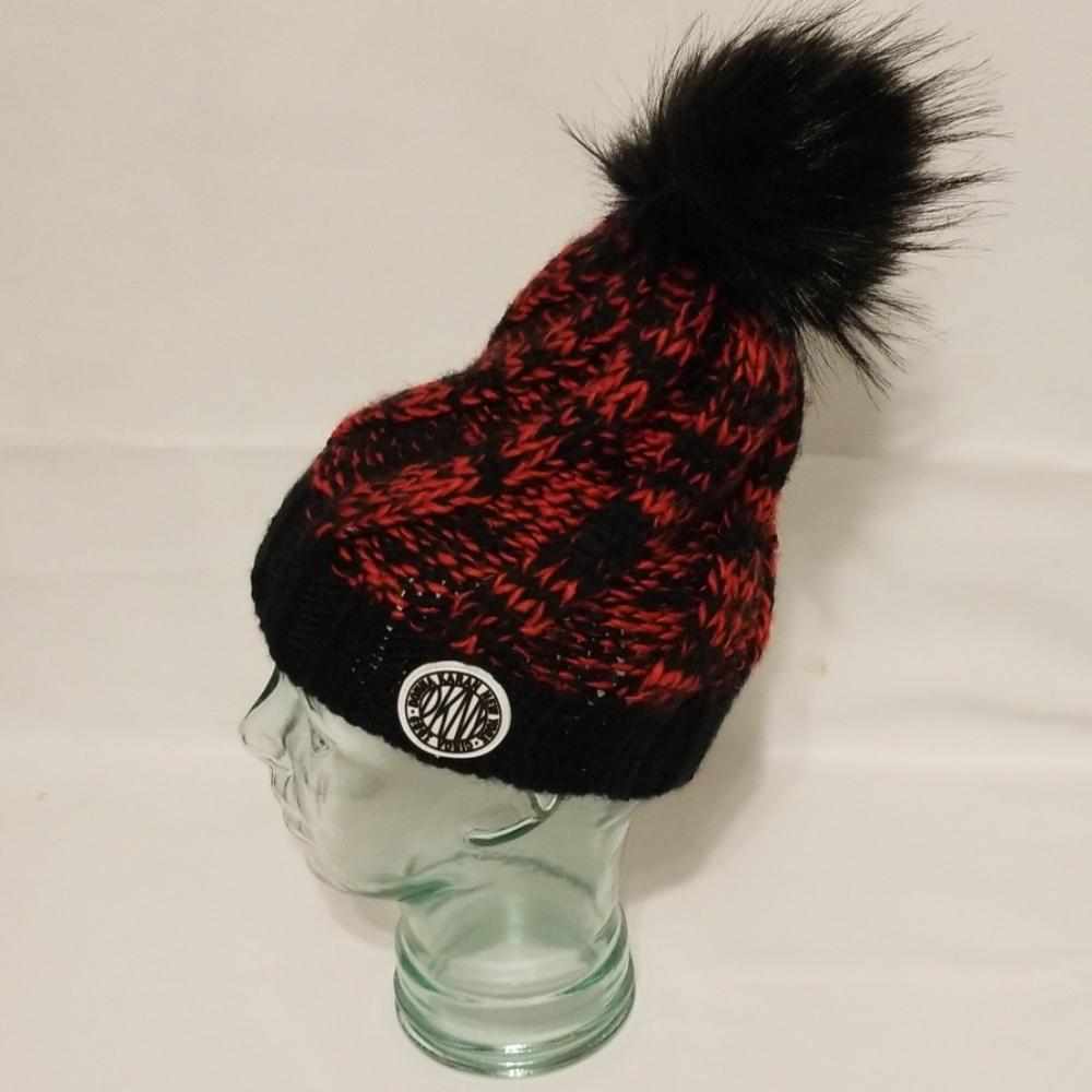 DKNY women's knit beanie with faux fur pom